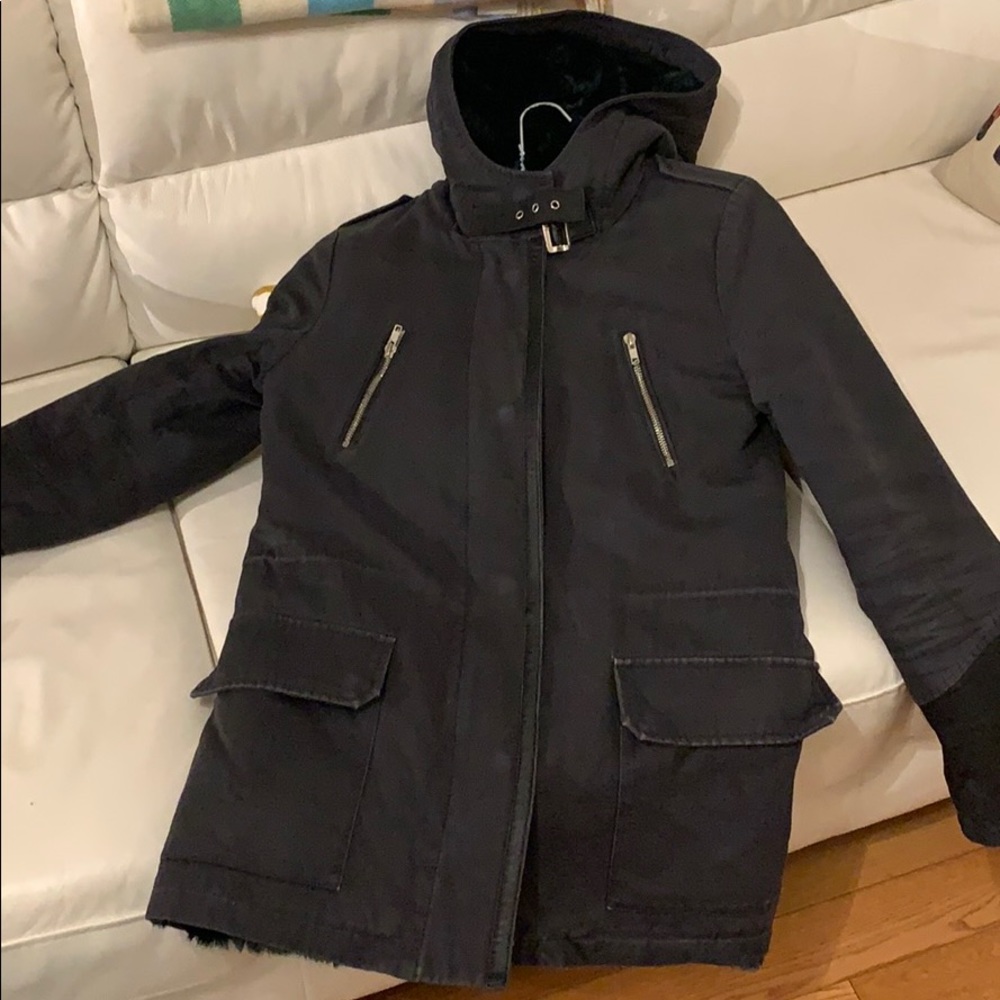 MAJE | Coat  with green fur lining and hood - Picture 12 of 16